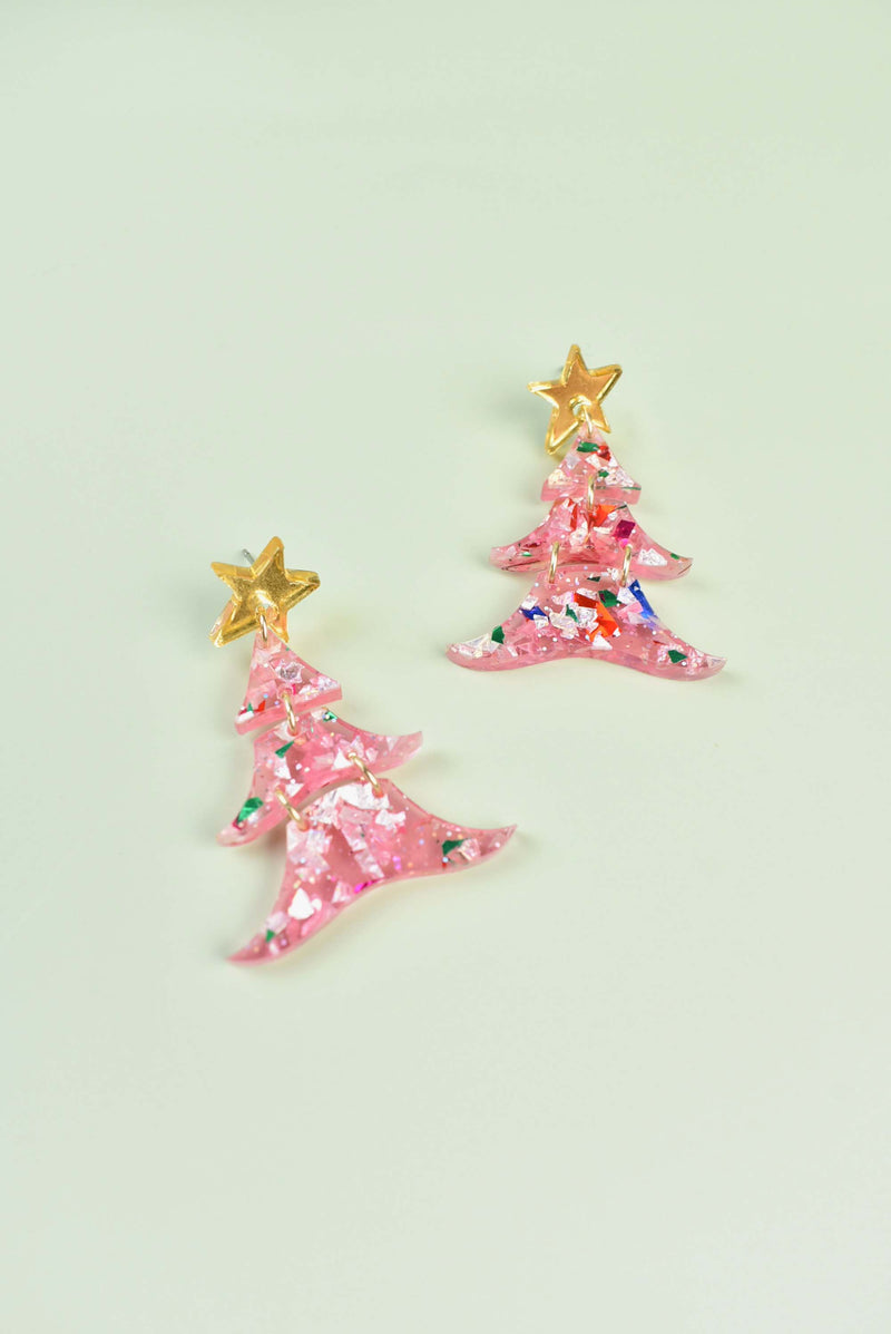 PINK CONFETTI CHRISTMAS TREE EARRINGS