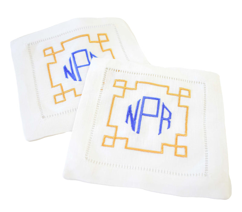 Greek key monogram cocktail napkins 