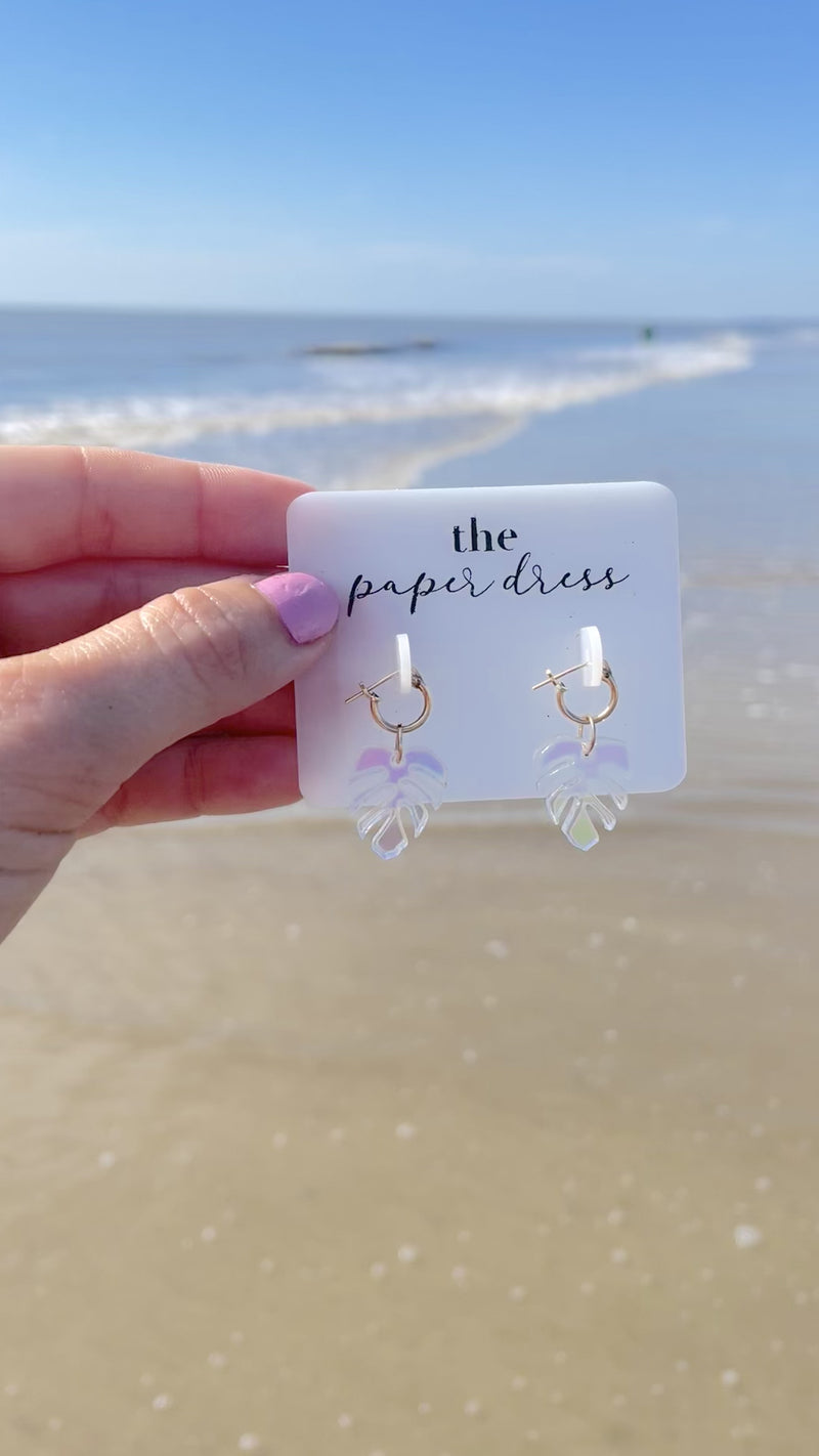 iridescent monstera leaf charm hoop earrings