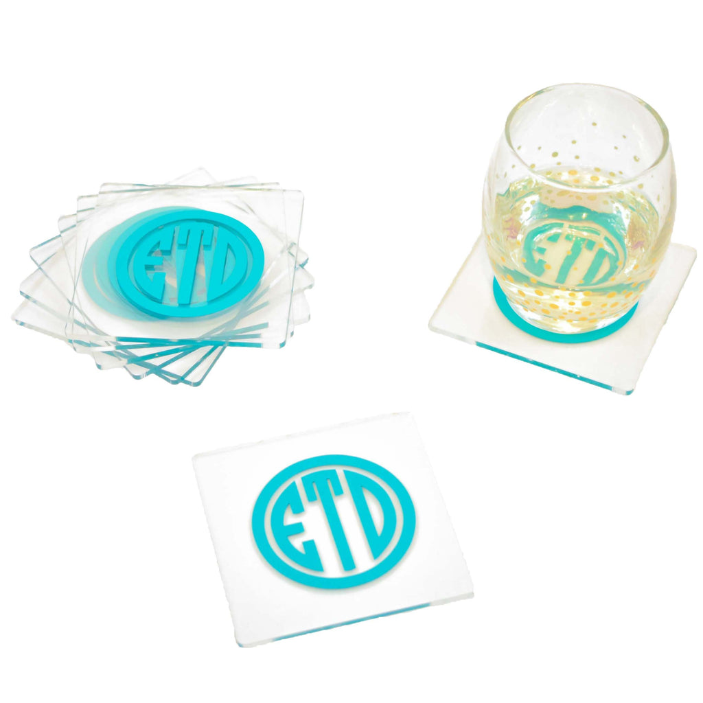 acrylic personalized coasters - monogram bar cart accessory 