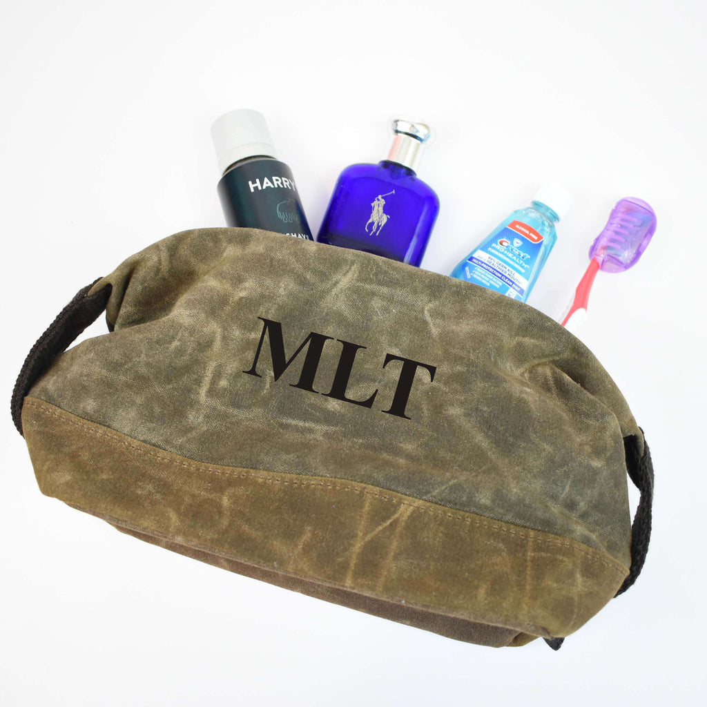 personalized waxed cotton dopp kit - men's toiletry case