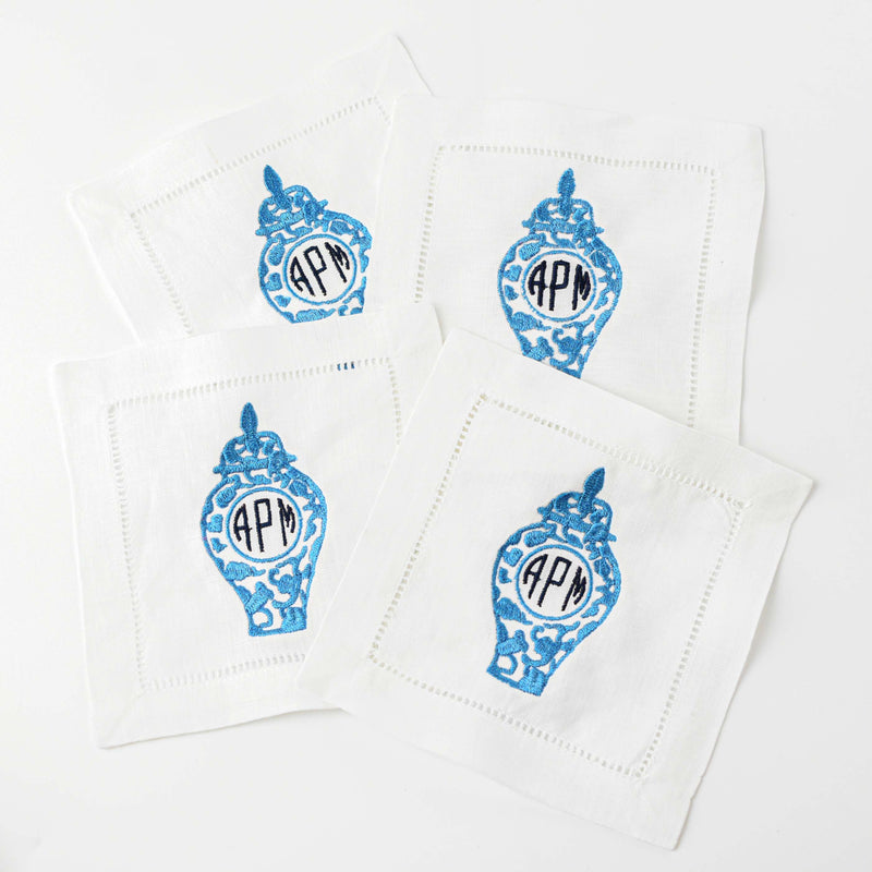 grandmillenial style cocktail napkins - ginger pot embroidered monogram 